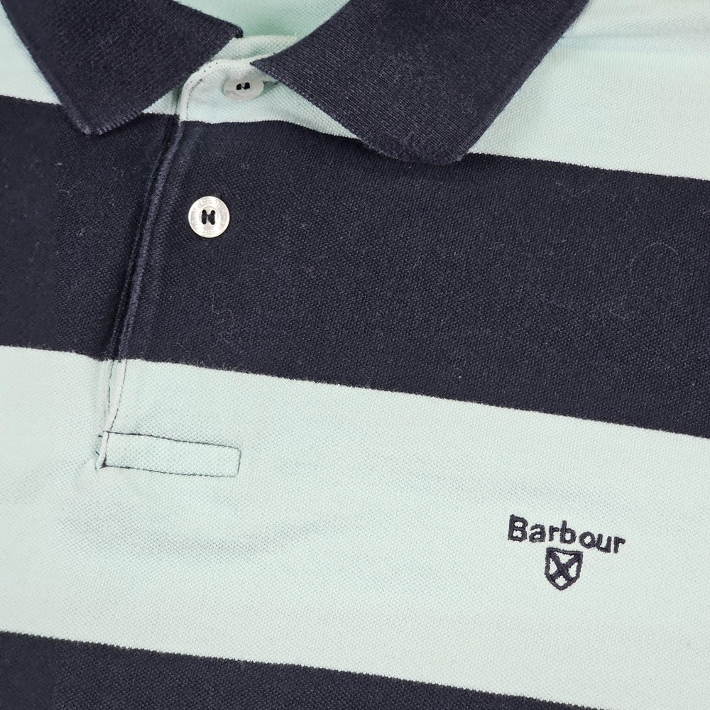 Barbour Polo Shirt Mens 2XL Blue Navy Striped Rugby 100% Cotton Short Sleeve - Picture 3 of 10